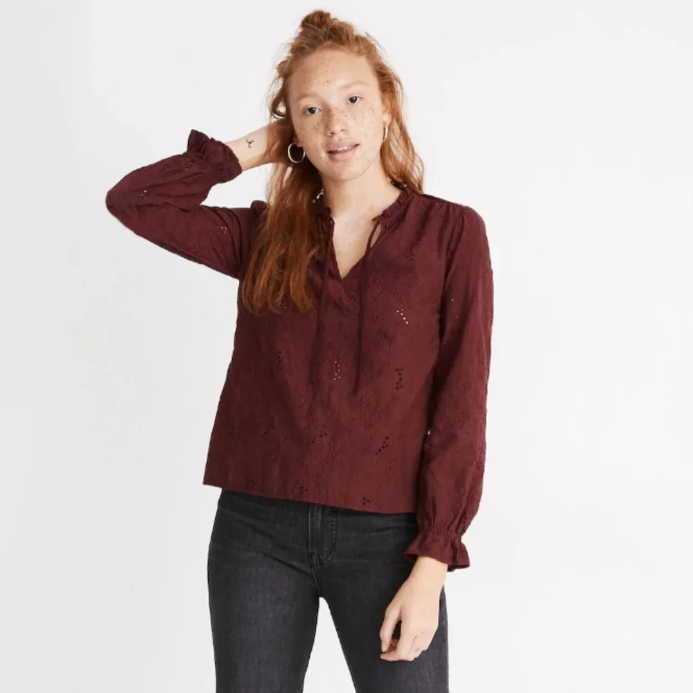 {Madewell} Embroidered Eyelet Ruffled Popover Top | Dark Cabernet - Size XS